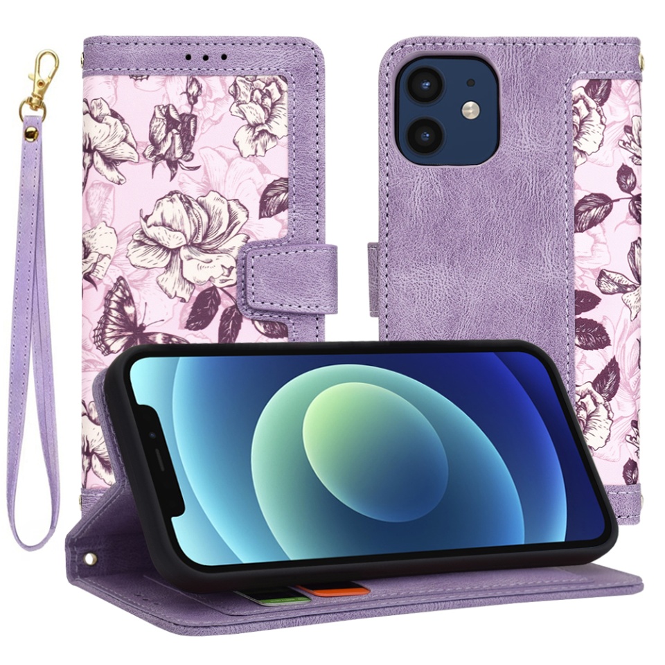Husa pentru iPhone 12 / 12 Pro din Piele Ecologică cu Design Floral, Protecție 360°, Stand Integrat, Buzunare pentru Carduri, SKDR Floral Wallet - Mov