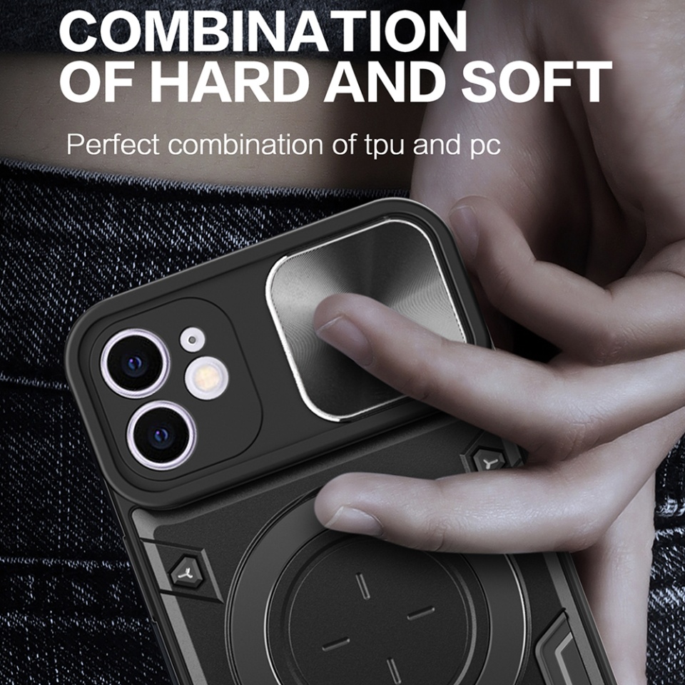 Husa pentru iPhone 12 / 12 Pro, SKYDDAR INNOVATION, CamGuard Pro, Inel Magnetic, Protectie Camera, Negru, set cu sticker - 2 | YEO