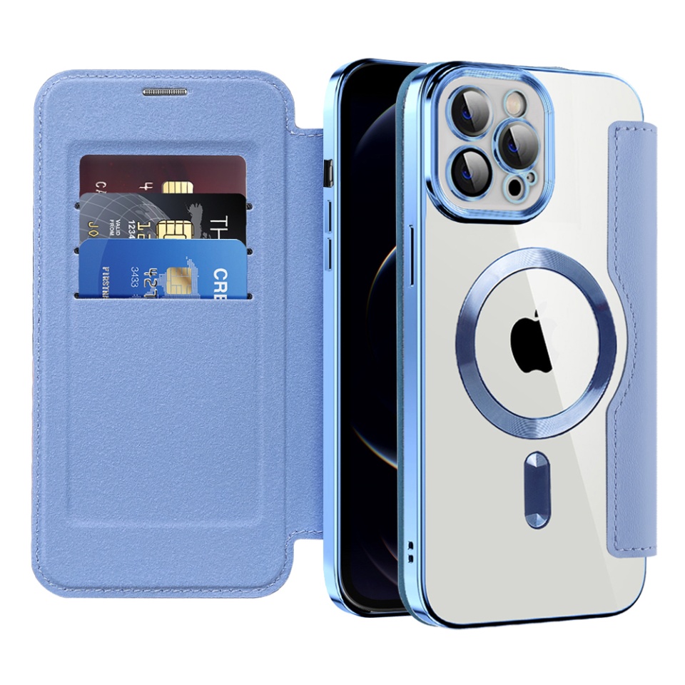 Husa pentru iPhone 12 Pro Max tip carte, SKYDDAR INOVATION, SmartMag Book, Magsafe, RFiD, Suport Carduri, set cu sticker, Bleu