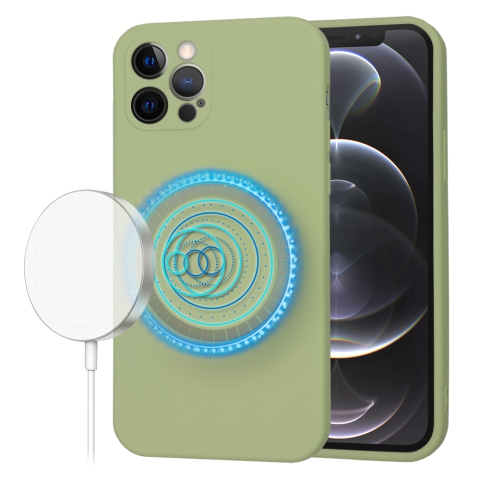 Husa pentru iPhone 12 Pro, SKYDDAR INNOVATION, din Silicon Catifelat, SoftFlex Magsafe, set cu sticker, Verde