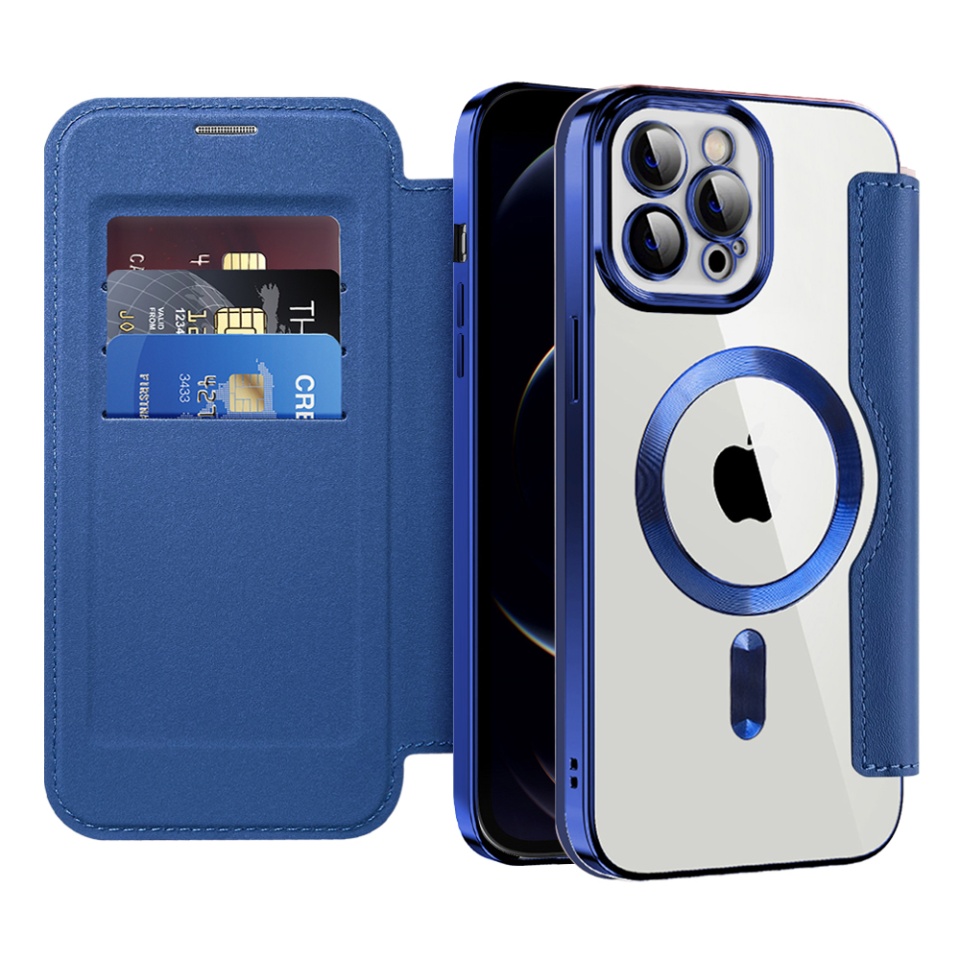 Husa pentru iPhone 12 Pro tip carte, SKYDDAR INOVATION, SmartMag Book, Magsafe, RFiD, Suport Carduri, set cu sticker, Albastru