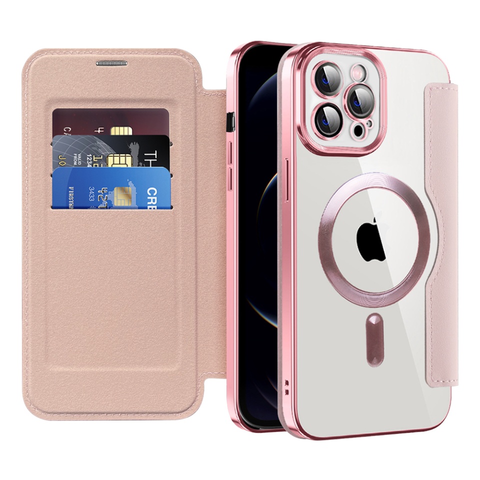 Husa pentru iPhone 12 Pro tip carte, SKYDDAR INOVATION, SmartMag Book, Magsafe, RFiD, Suport Carduri, set cu sticker, Roz