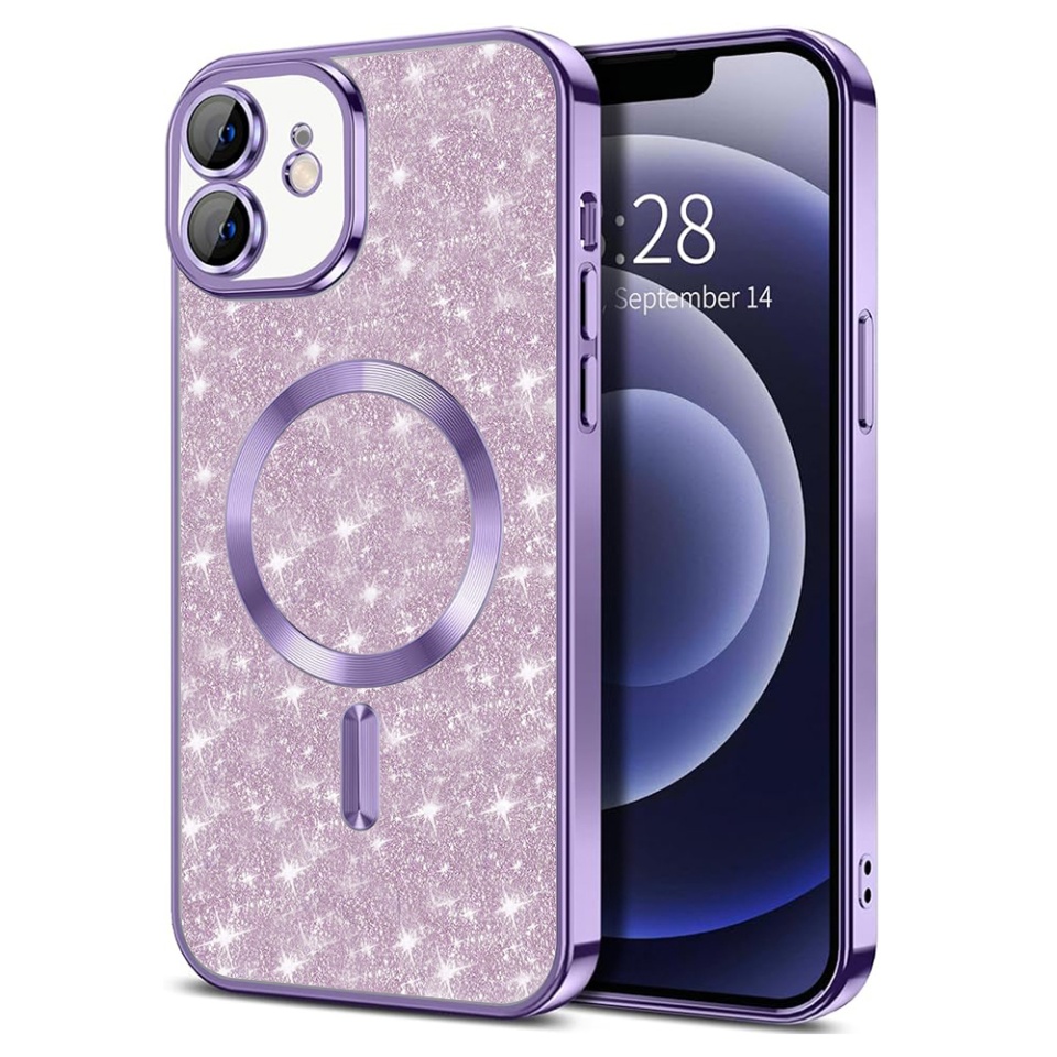 Husa pentru iPhone 12, SKYDDAR INNOVATION, Luxury Glitter Magsafe, Antisoc, Fundal Detasabil 2-in-1, Protectie Superioara, Margini Ridicate, Mov deschis, set cu sticker