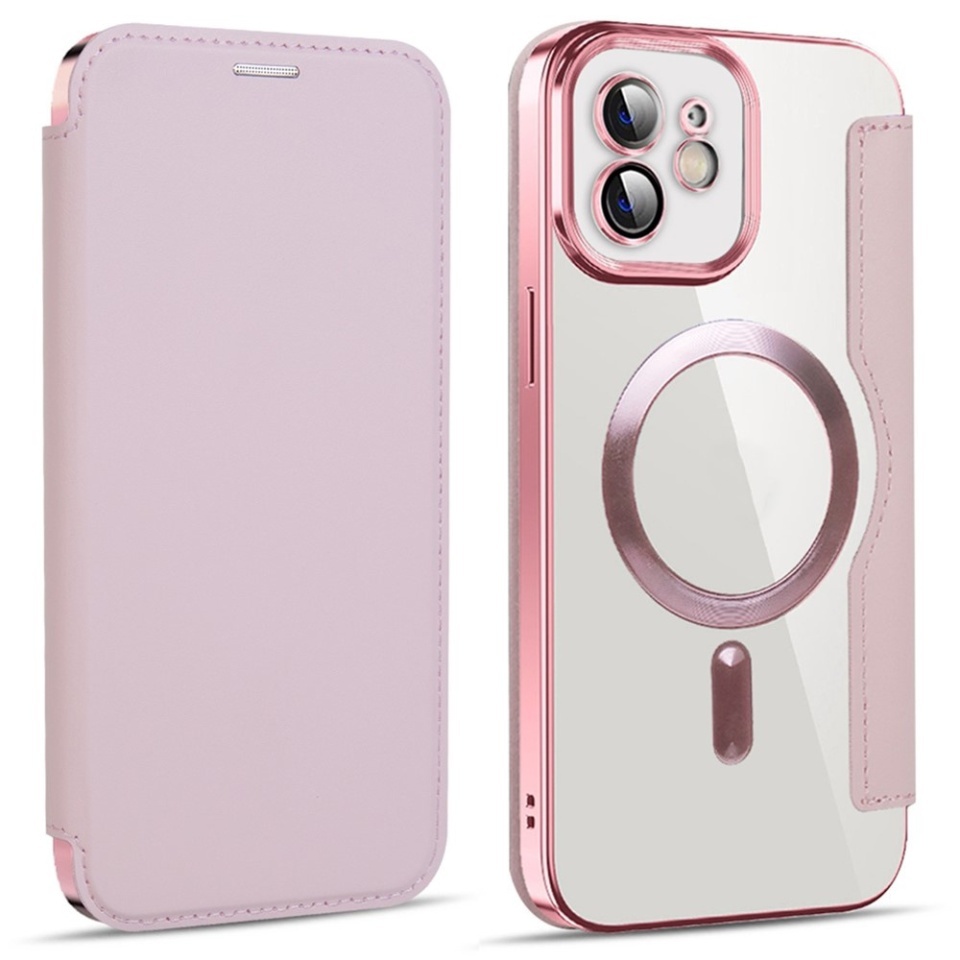 Husa pentru iPhone 12 tip carte, SKYDDAR INOVATION, SmartMag Book, Magsafe, RFiD, Suport Carduri, set cu sticker, Roz - 1 | YEO