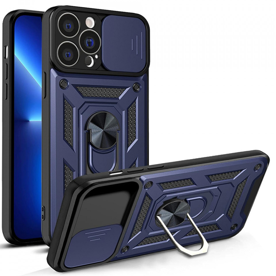 Husa pentru iPhone 13 Pro cu inel magnetic si protectie camera Skyddar CamShield - Albastru