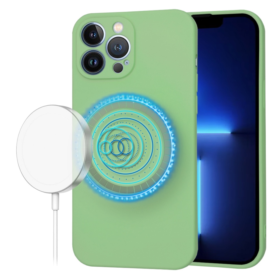 Husa pentru iPhone 13 Pro Max, SKYDDAR INNOVATION, din Silicon Catifelat, SoftFlex Magsafe, Verde deschis, set cu sticker