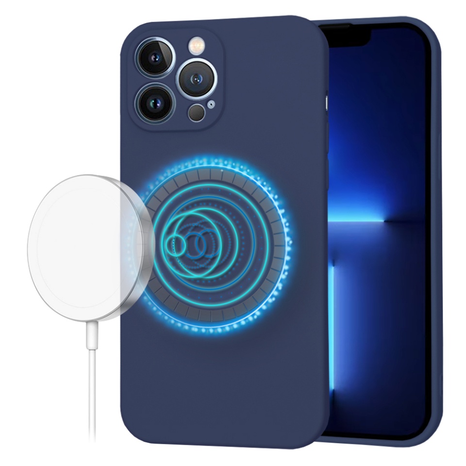 Husa pentru iPhone 13 Pro Max, SKYDDAR INNOVATION, din Silicon Catifelat, SoftFlex Magsafe, Bleumarin, set cu sticker