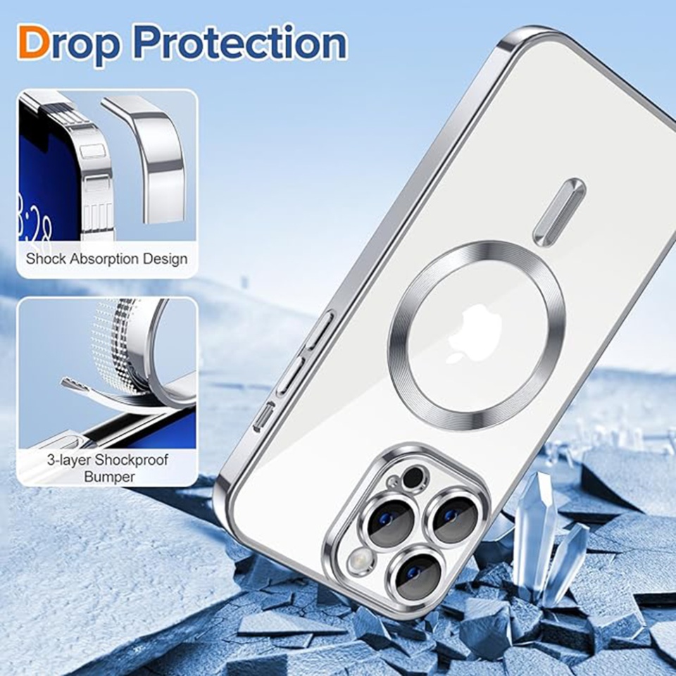 Husa pentru iPhone 13 Pro Max, SKYDDAR INNOVATION, Luxury Glitter Magsafe, Antisoc, Fundal Detasabil 2-in-1, Protectie Superioara, Margini Ridicate, Argintiu, set cu sticker - 2 | YEO