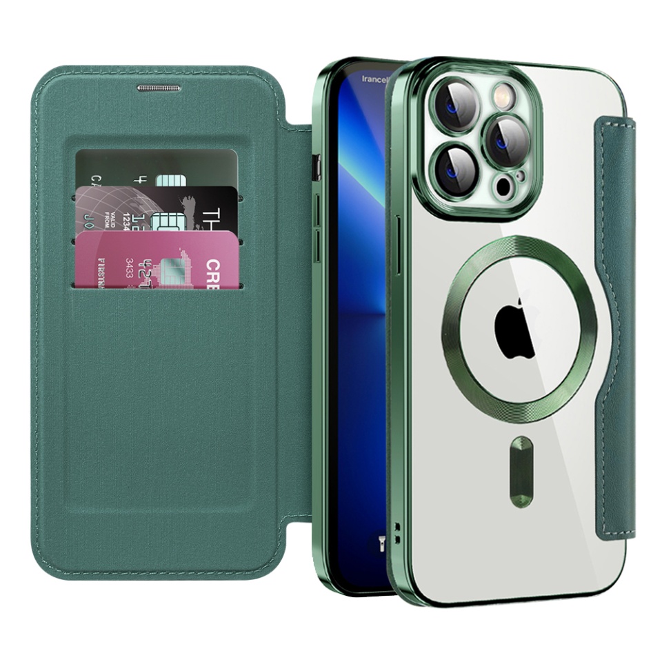Husa pentru iPhone 13 Pro Max tip carte, SKYDDAR INOVATION, SmartMag Book, Magsafe, RFiD, Suport Carduri, set cu sticker, Verde