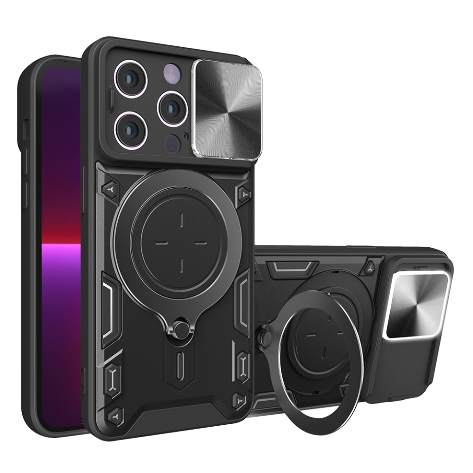 Husa pentru iPhone 13 Pro, SKYDDAR INNOVATION, CamGuard Pro, Inel Magnetic, Protectie Camera, Negru, set cu sticker