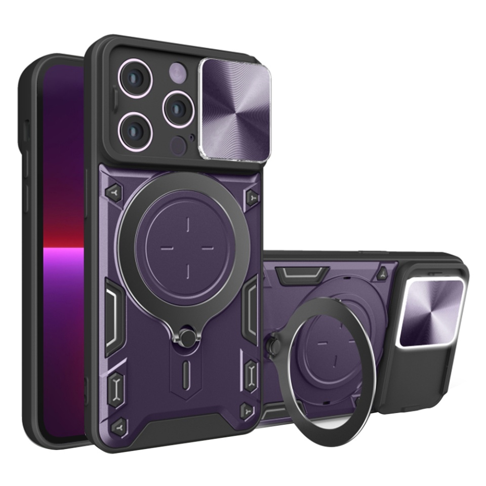 Husa pentru iPhone 13 Pro, SKYDDAR INNOVATION, CamGuard Pro, Inel Magnetic, Protectie Camera, Mov, set cu sticker