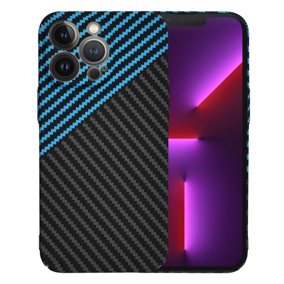 Husa pentru iPhone 13 Pro, SKYDDAR INNOVATION, textura carbon, Carbonite FiberShell, Bleu, set cu sticker