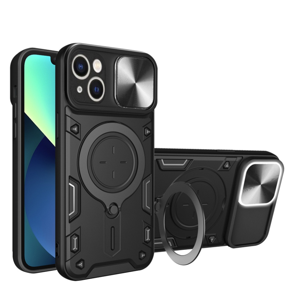 Husa pentru iPhone 13, SKYDDAR INNOVATION, CamGuard Pro, Inel Magnetic, Protectie Camera, Negru, set cu sticker