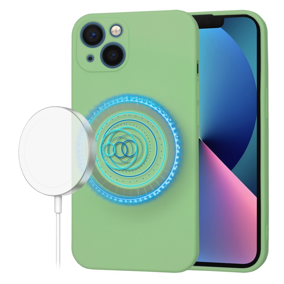 Husa pentru iPhone 13, SKYDDAR INNOVATION, din Silicon Catifelat, SoftFlex Magsafe, Verde deschis, set cu sticker