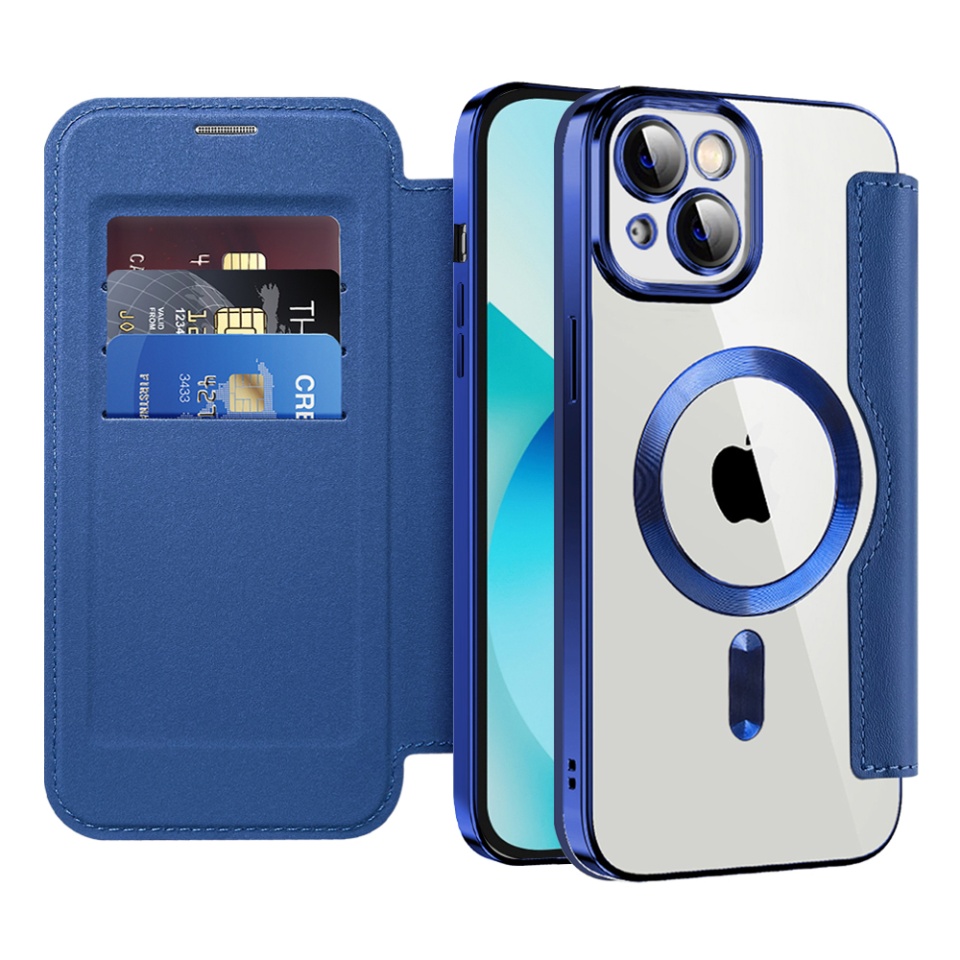 Husa pentru iPhone 13 tip carte, SKYDDAR INOVATION, SmartMag Book, Magsafe, RFiD, Suport Carduri, set cu sticker, Albastru