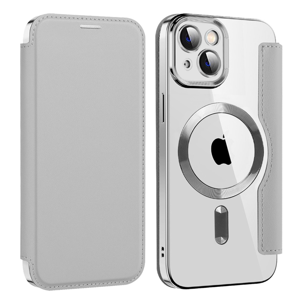 Husa pentru iPhone 13 tip carte, SKYDDAR INOVATION, SmartMag Book, Magsafe, RFiD, Suport Carduri, set cu sticker, Gri - 1 | YEO