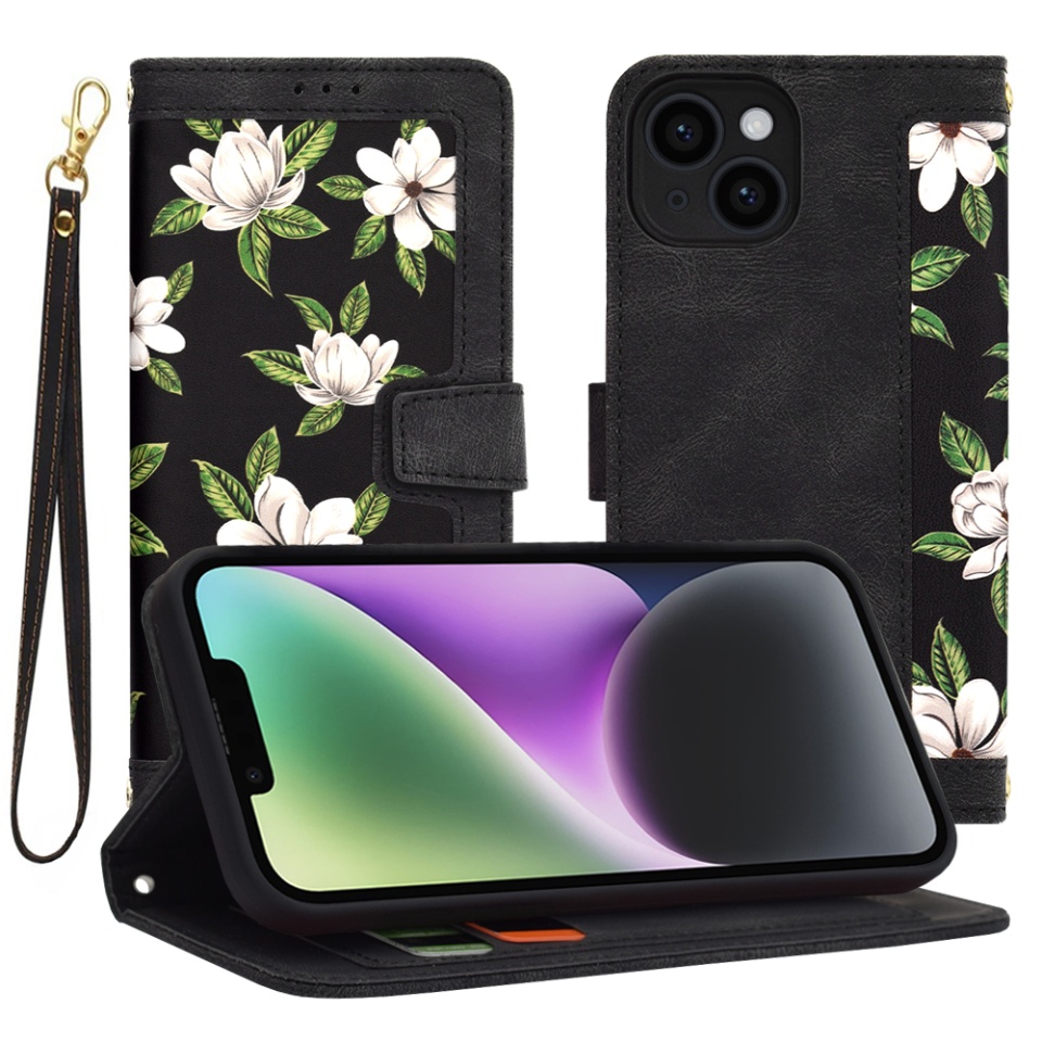 Husa pentru iPhone 14 din Piele Ecologică cu Design Floral, Protecție 360°, Stand Integrat, Buzunare pentru Carduri, SKDR Floral Wallet - Negru