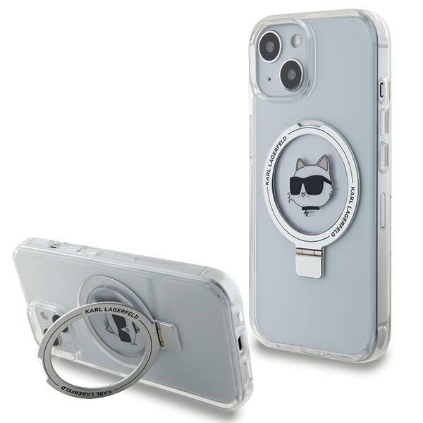 Husa pentru iPhone 14 Plus / 15 Plus, Hardcase Ring Stand MagSafe, Karl Lagerfeld - Alb Choupette Head