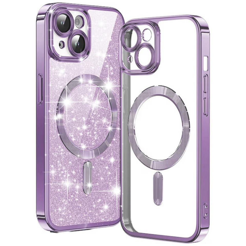 Husa pentru iPhone 14 Plus, SKYDDAR INNOVATION, Luxury Glitter Magsafe, Antisoc, Fundal Detasabil 2-in-1, Protectie Superioara, Margini Ridicate, Mov deschis, set cu sticker