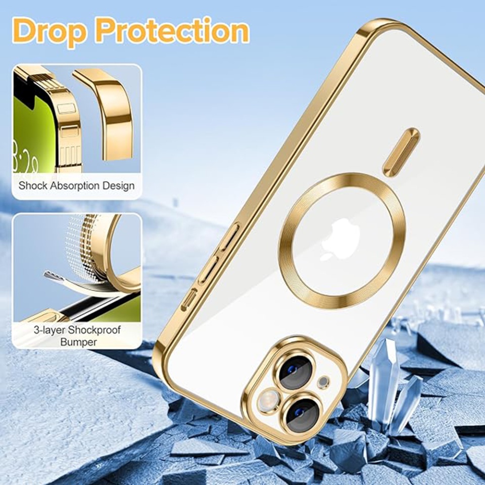 Husa pentru iPhone 14 Plus, SKYDDAR INNOVATION, Luxury Shield Magsafe, Protectie Antisoc, Auriu, set cu sticker - 2 | YEO