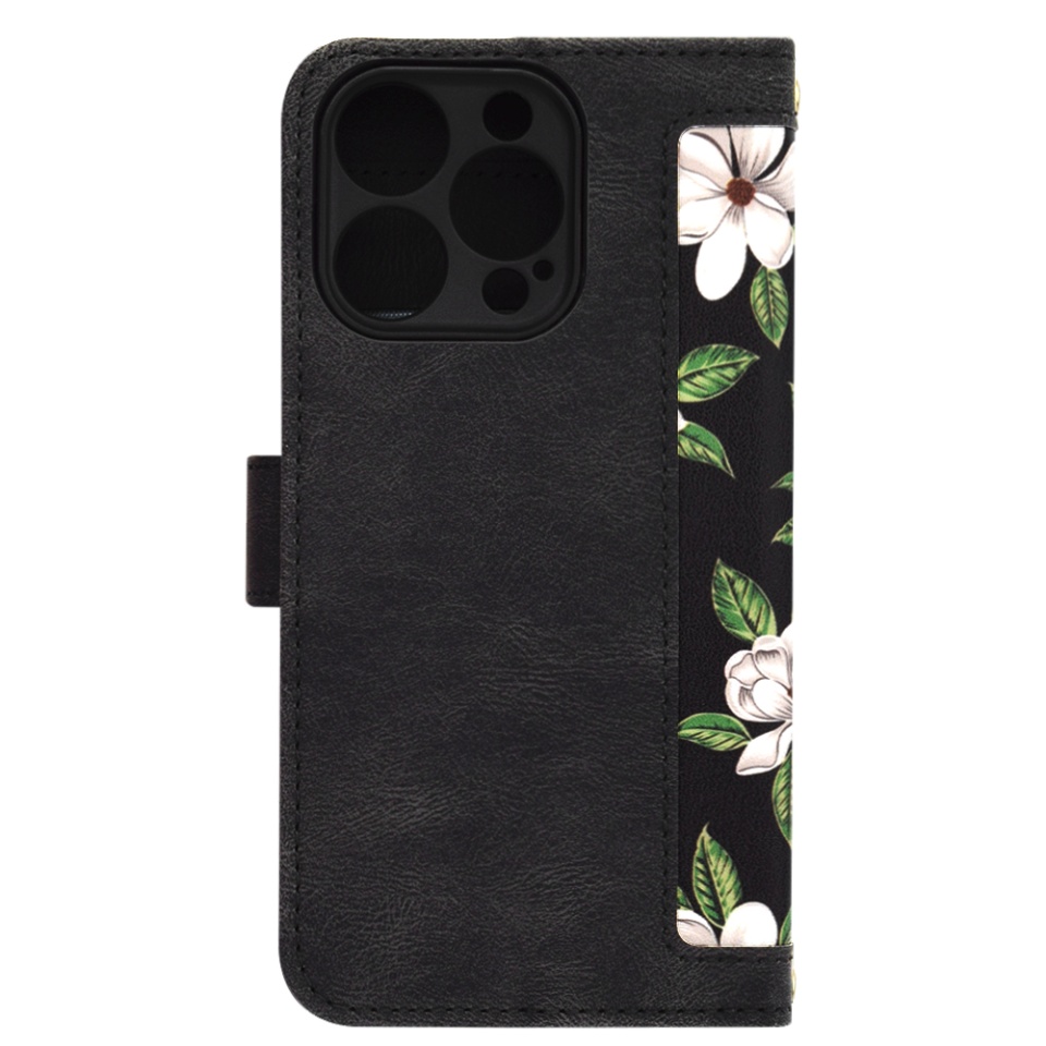 Husa pentru iPhone 14 Pro din Piele Ecologică cu Design Floral, Protecție 360°, Stand Integrat, Buzunare pentru Carduri, SKDR Floral Wallet - Negru - 2 | YEO