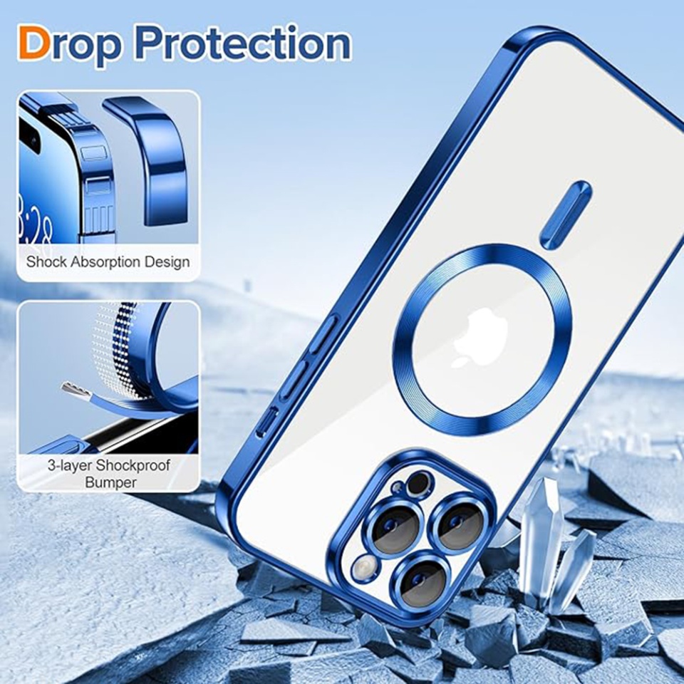 Husa pentru iPhone 14 Pro Max, SKYDDAR INNOVATION, Luxury Shield Magsafe, Protectie Antisoc, Albastru, set cu sticker - 2 | YEO