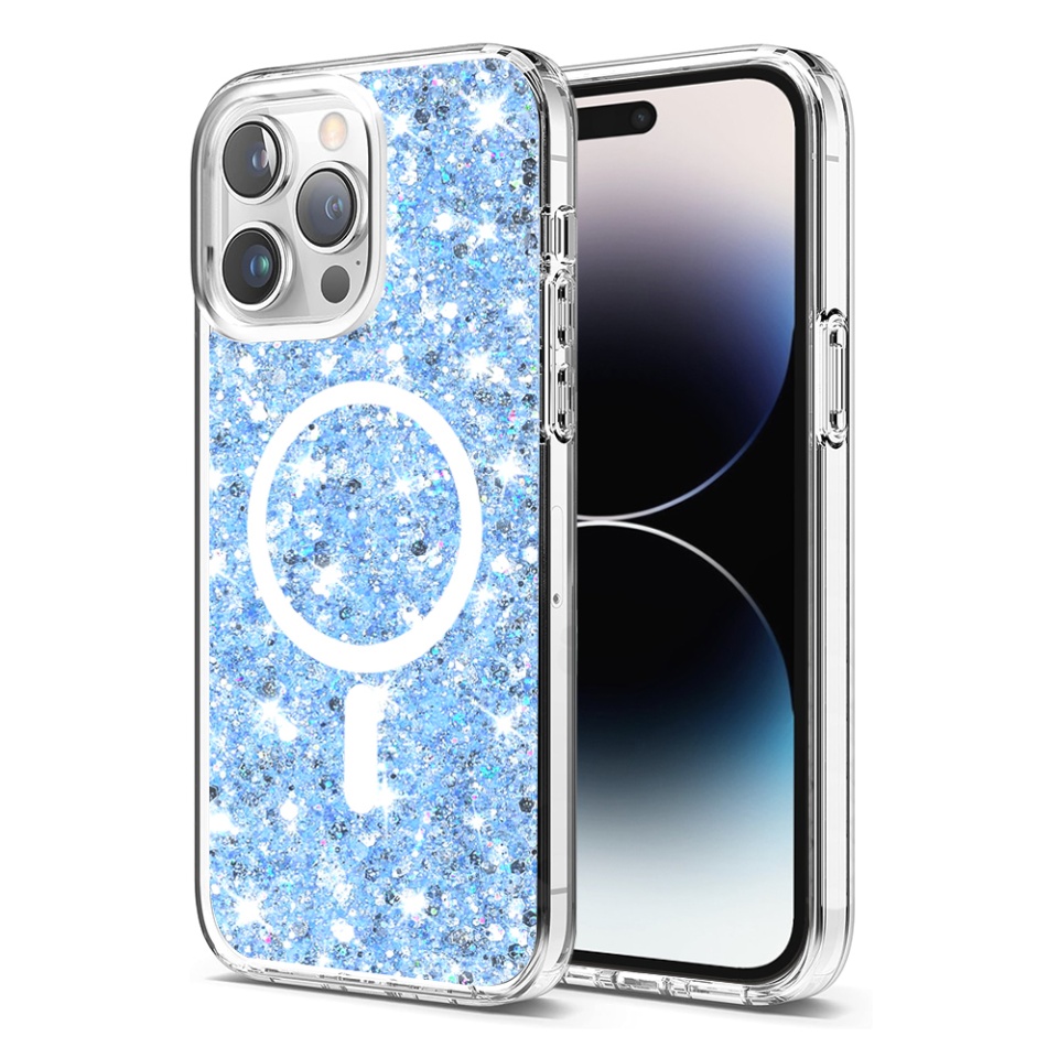 Husa pentru iPhone 14 Pro, SKYDDAR INNOVATION, SparkleCase, din Silicon cu Sclipici, Protectie Completa, Bleu, set cu sticker