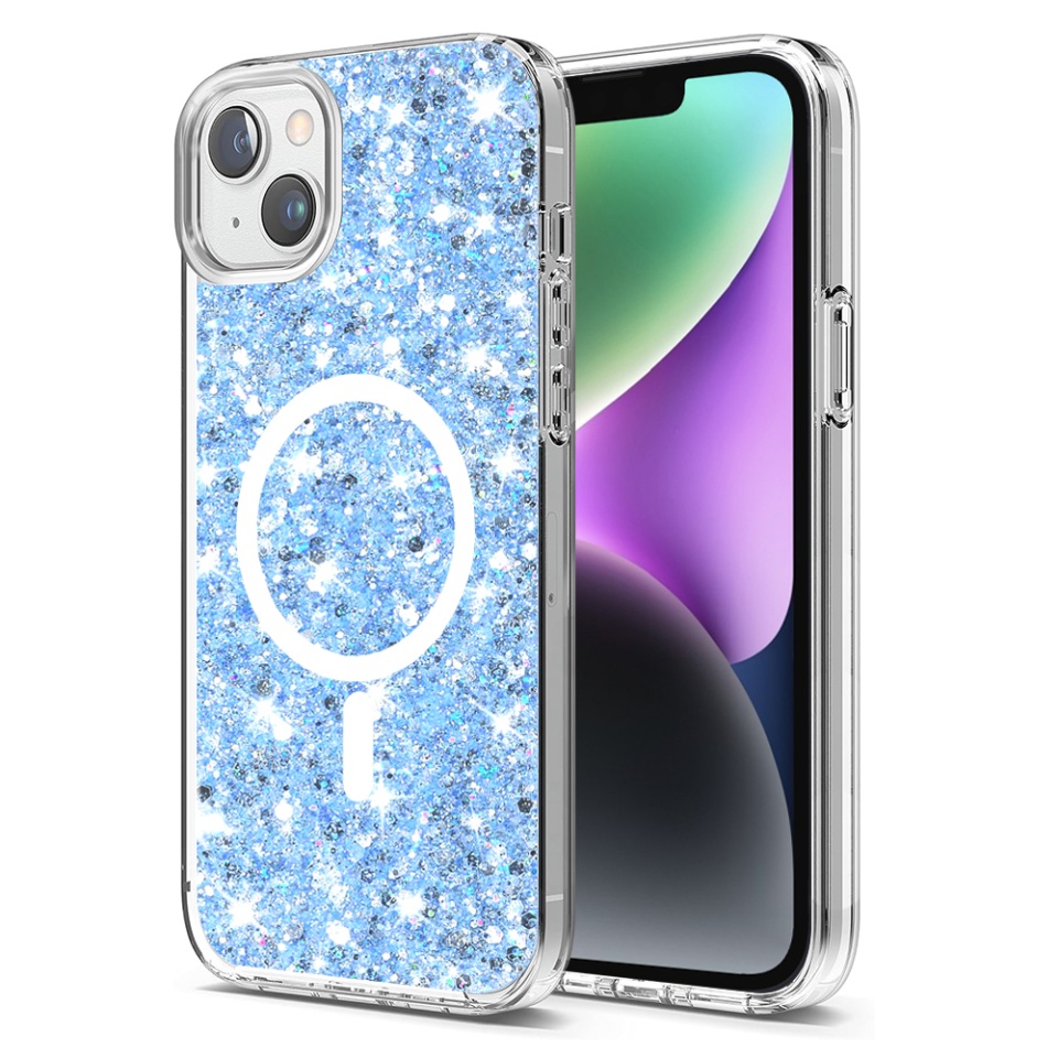 Husa pentru iPhone 14, SKYDDAR INNOVATION, SparkleCase, din Silicon cu Sclipici, Protectie Completa, Bleu, set cu sticker