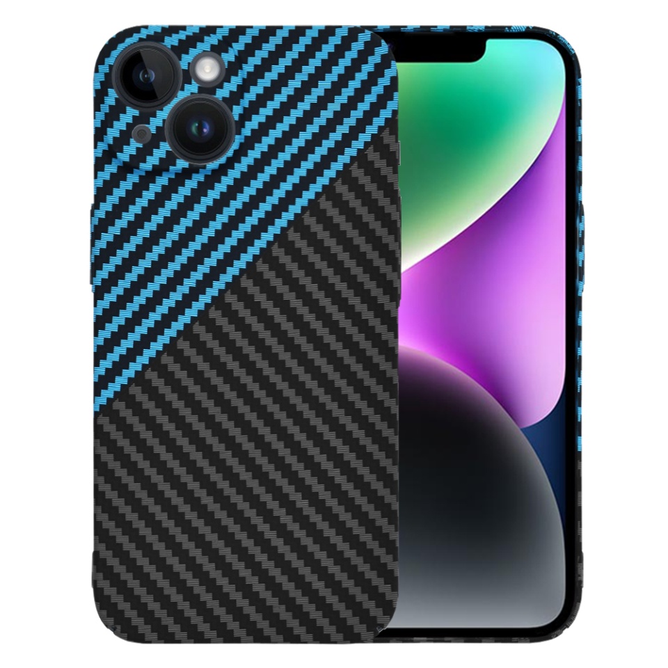 Husa pentru iPhone 14, SKYDDAR INNOVATION, textura carbon, Carbonite FiberShell, Bleu, set cu sticker