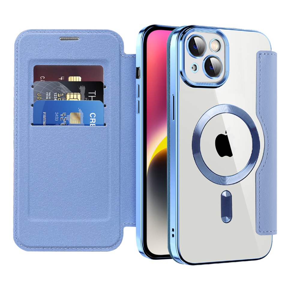 Husa pentru iPhone 14 tip carte, SKYDDAR INOVATION, SmartMag Book, Magsafe, RFiD, Suport Carduri, set cu sticker, Bleu