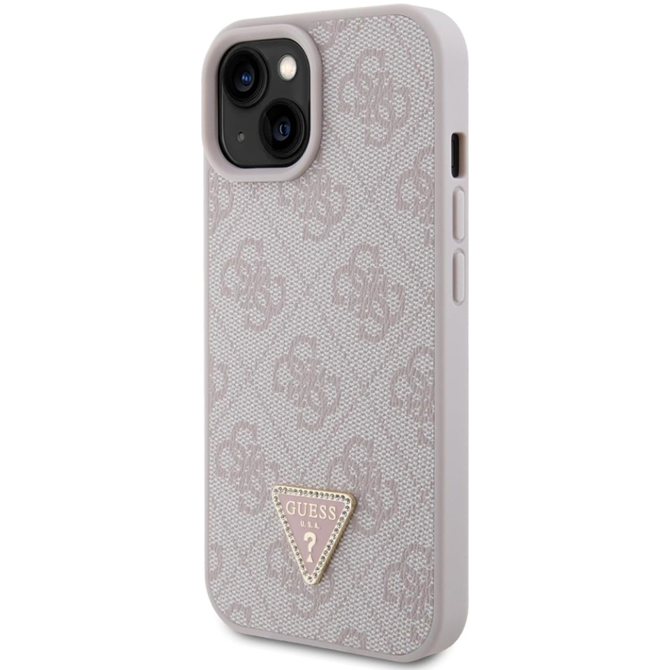 Husa pentru iPhone 15, Guess, Leather 4G Triangle Strass, Roz - 2 | YEO