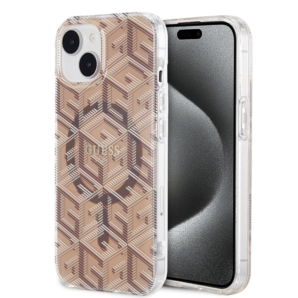 Husa pentru iPhone 15, IML GCube MagSafe, Guess - Maro