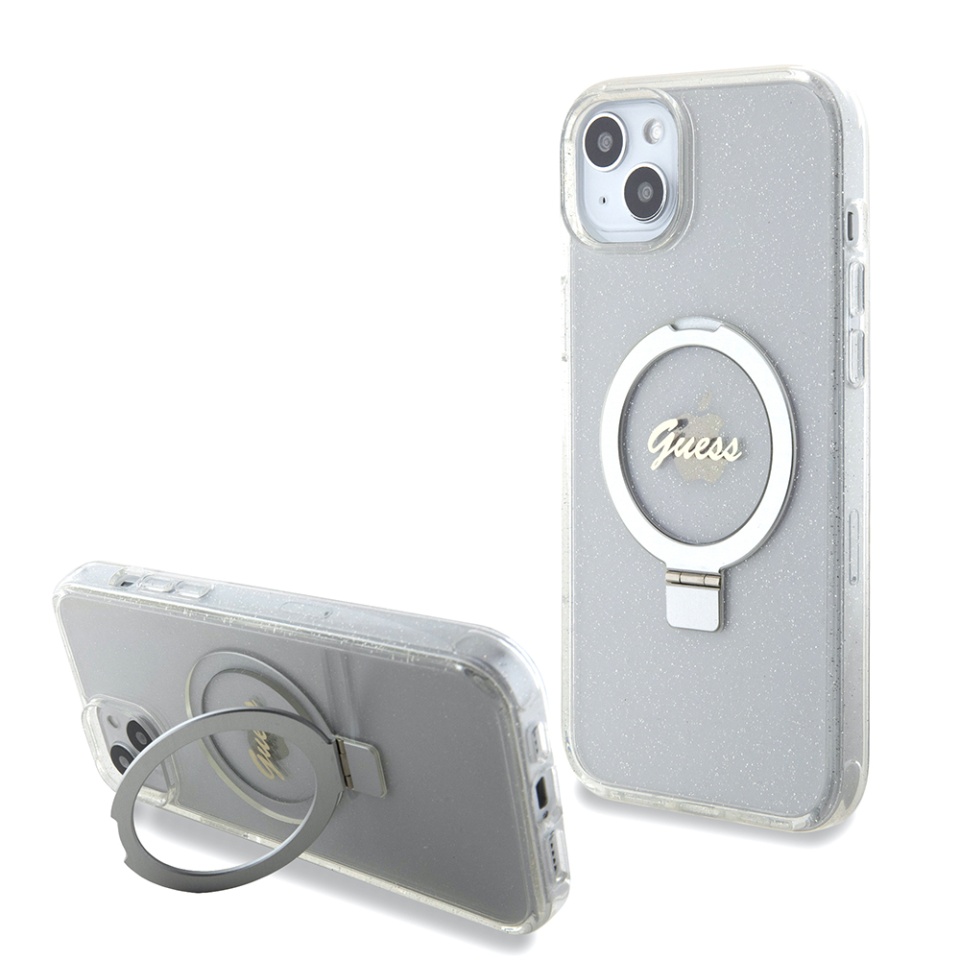 Husa pentru iPhone 15 Plus Ring Stand Script Glitter, Guess - Transparent