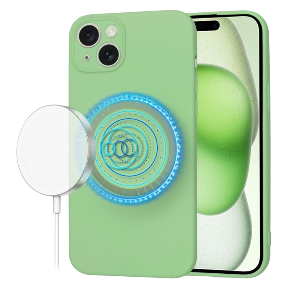 Husa pentru iPhone 15 Plus, SKYDDAR INNOVATION, din Silicon Catifelat, SoftFlex Magsafe, Verde deschis, set cu sticker