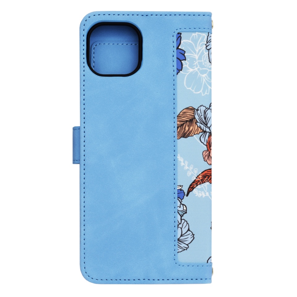 Husa pentru iPhone 15 Plus, SKYDDAR INNOVATION, Floral Wallet, din Piele Ecologică cu Design Floral, Protecție 360°, Stand Integrat, Buzunare pentru Carduri, Bleu, set cu sticker - 2 | YEO