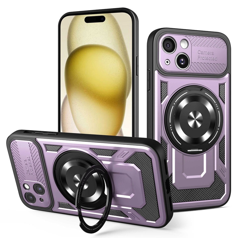 Husa pentru iPhone 15 Plus, SKYDDAR INNOVATION, RuggedCam, Inel magnetic antisoc, set cu sticker, Mov