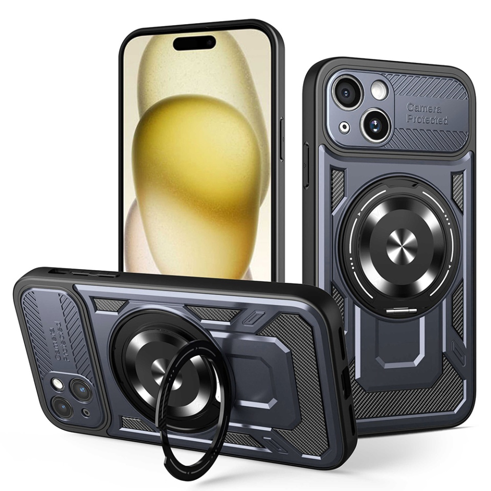 Husa pentru iPhone 15 Plus, SKYDDAR INNOVATION, RuggedCam, Inel magnetic antisoc, set cu sticker, Albastru