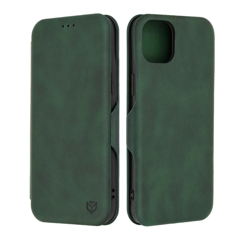 Husa pentru iPhone 15 Plus, SKYDDAR INNOVATION, Safe Wallet tip carte din Piele Ecologica, Suport Carduri, Inchidere Magnetica, Verde, set cu sticker