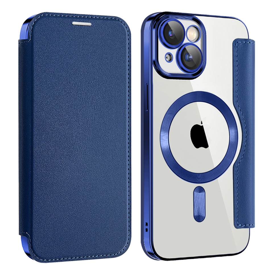 Husa pentru iPhone 15 Plus tip carte, SKYDDAR INOVATION, SmartMag Book, Magsafe, RFiD, Suport Carduri, set cu sticker, Albastru - 1 | YEO