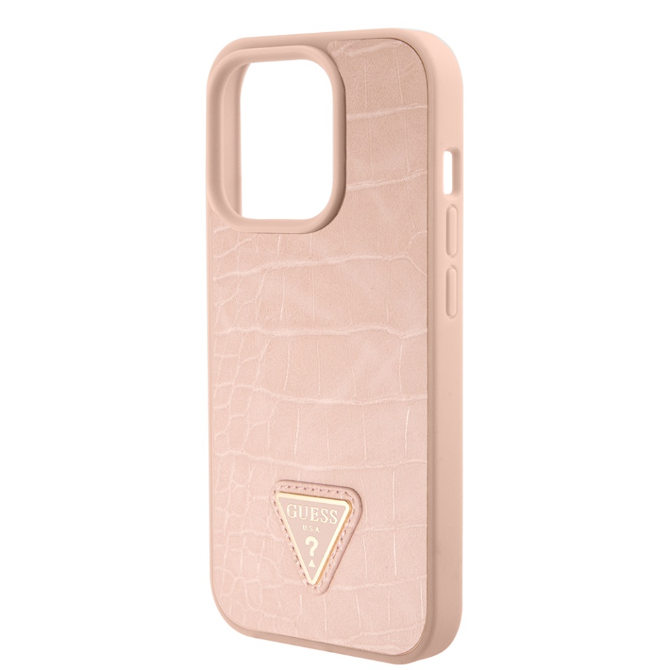 Husa pentru iPhone 15 Pro, Croco Triangle Metal Logo, Guess - Roz - 3 | YEO
