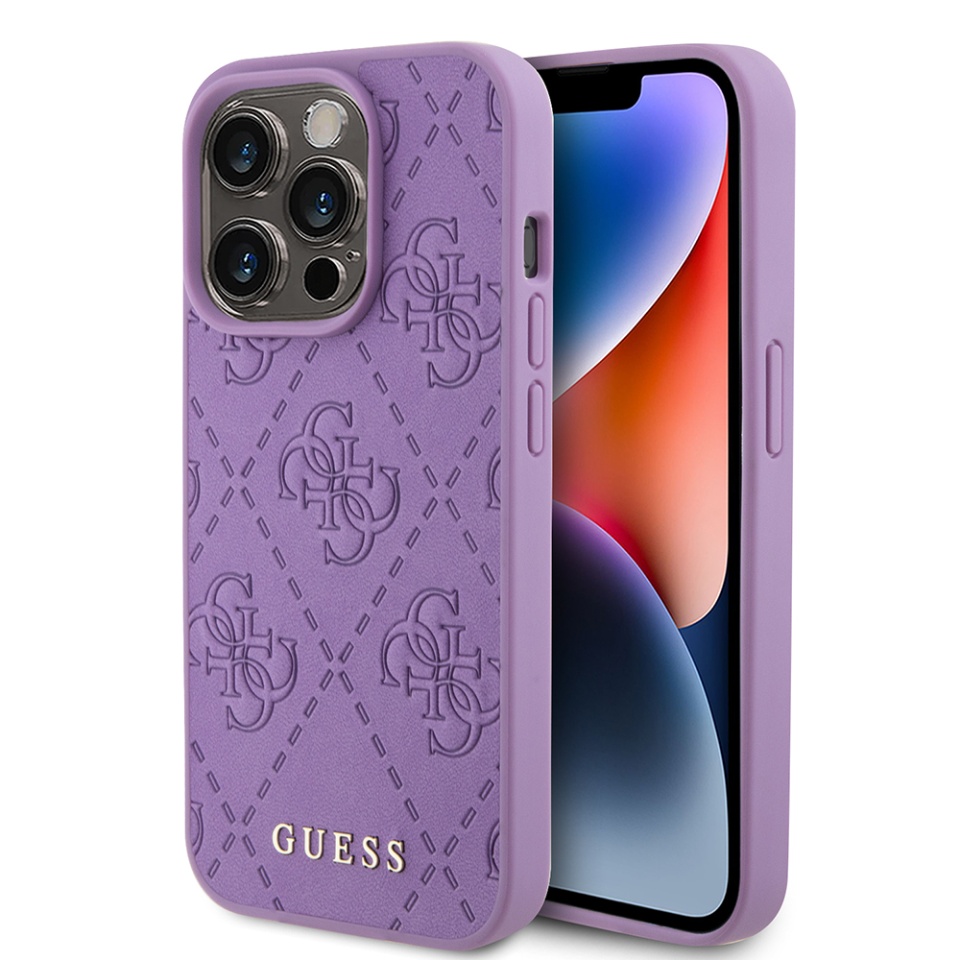 Husa pentru iPhone 15 Pro cu snur, Leather 4G Stamped, Guess - Mov