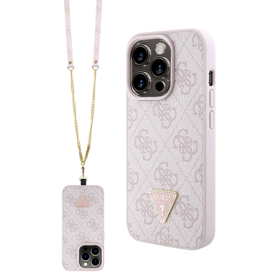 Husa pentru iPhone 15 Pro cu snur, Leather Metal Logo Strass Crossbody, Guess - Roz