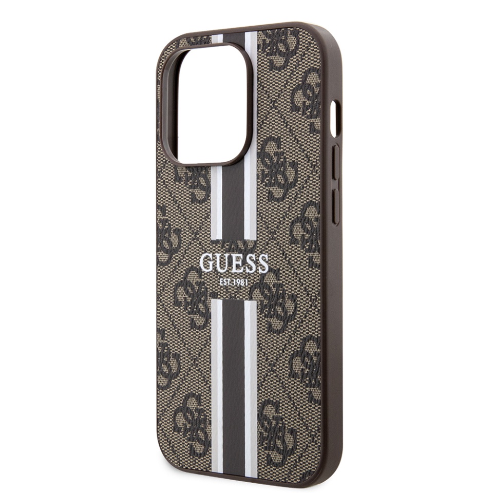 Husa pentru iPhone 15 Pro, Guess, Hardcase 4G Printed Stripes MagSafe, Maro - 3 | YEO
