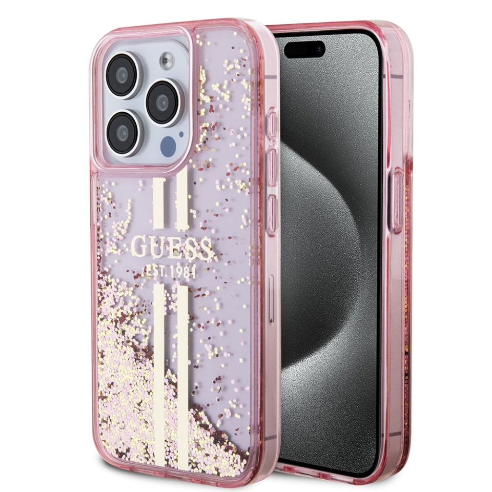 Husa pentru iPhone 15 Pro, Liquid Glitter Gold Stripes, Guess - Roz