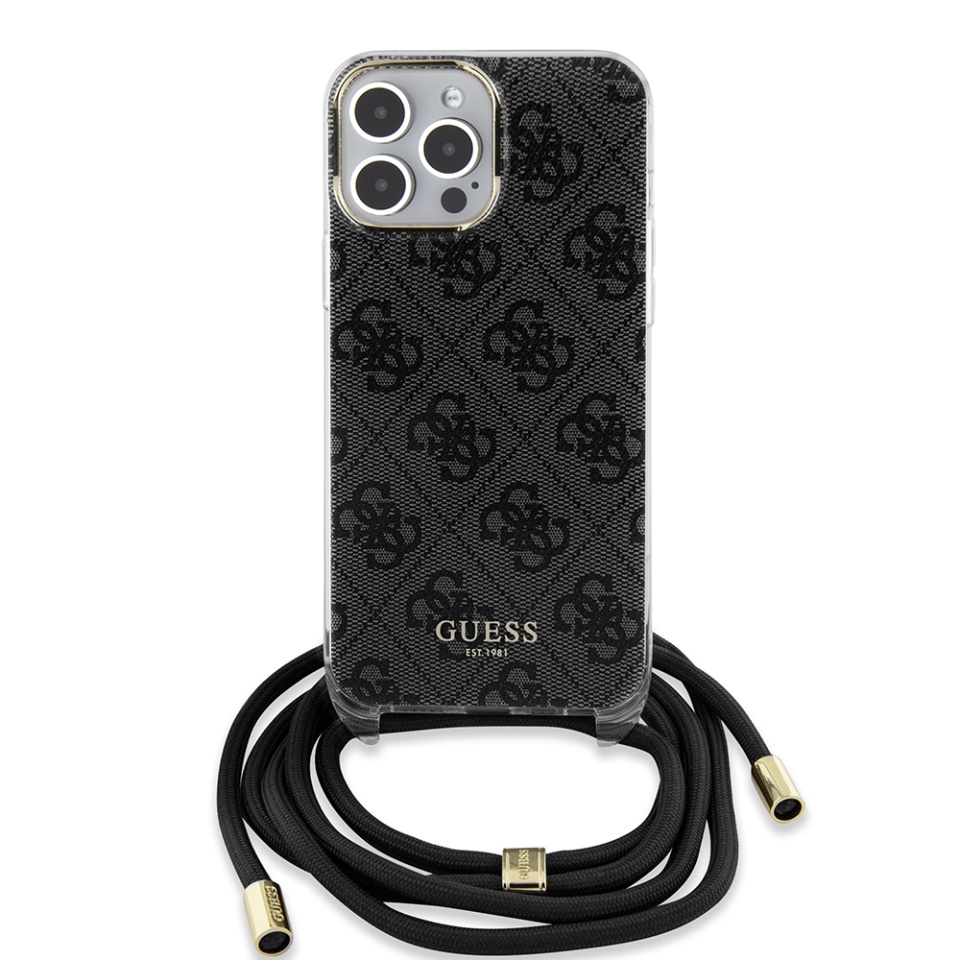 Husa pentru iPhone 15 Pro Max cu snur, Crossbody Cord 4G Print, Guess - Negru - 2 | YEO