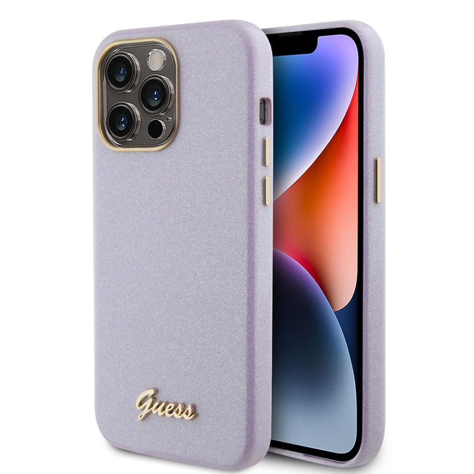Husa pentru iPhone 15 Pro Max, Glitter Glossy Script, Guess, Violet
