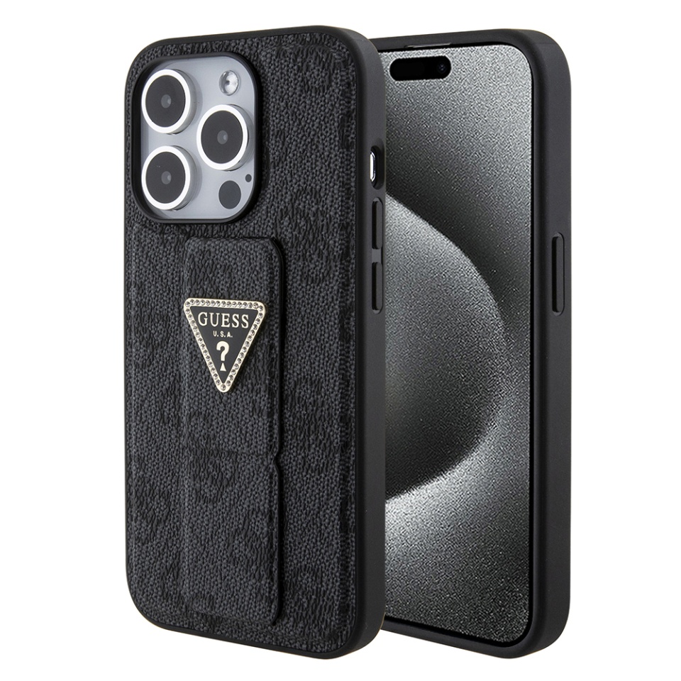 Husa pentru iPhone 15 Pro Max, Grip Stand 4G Triangle Strass, Guess - Negru