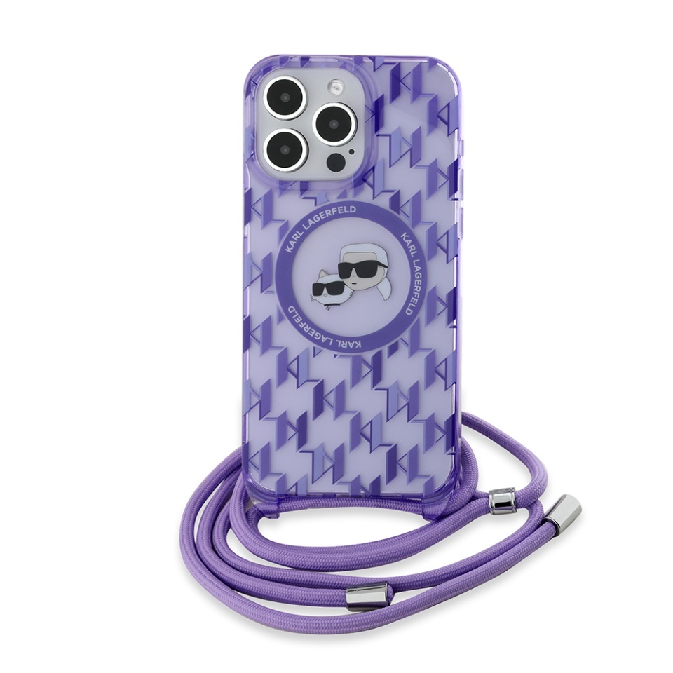 Husa pentru iPhone 15 Pro Max, Karl Lagerfeld, IML Crossbody MagSafe, Purple Monogram Karl&Choupette Head - 1 | YEO