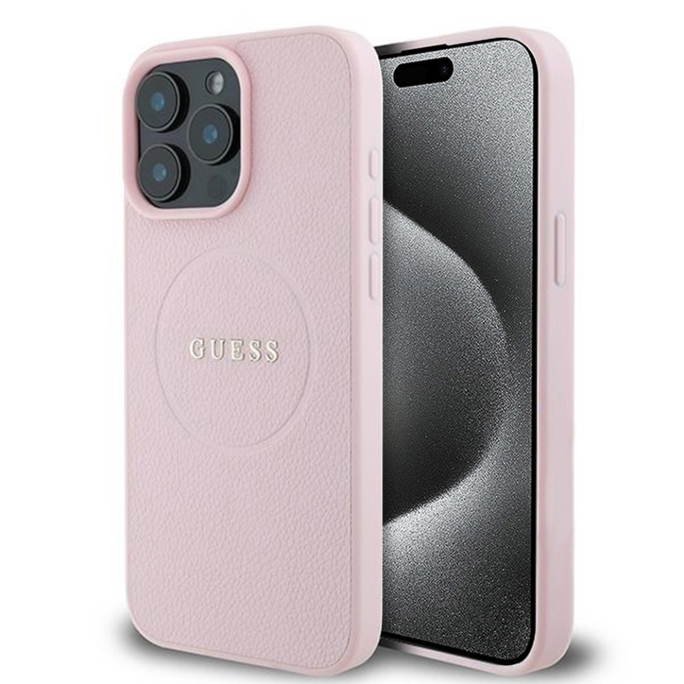 Husa pentru iPhone 15 Pro Max, Saffiano Iridescent Script, Guess, Roz