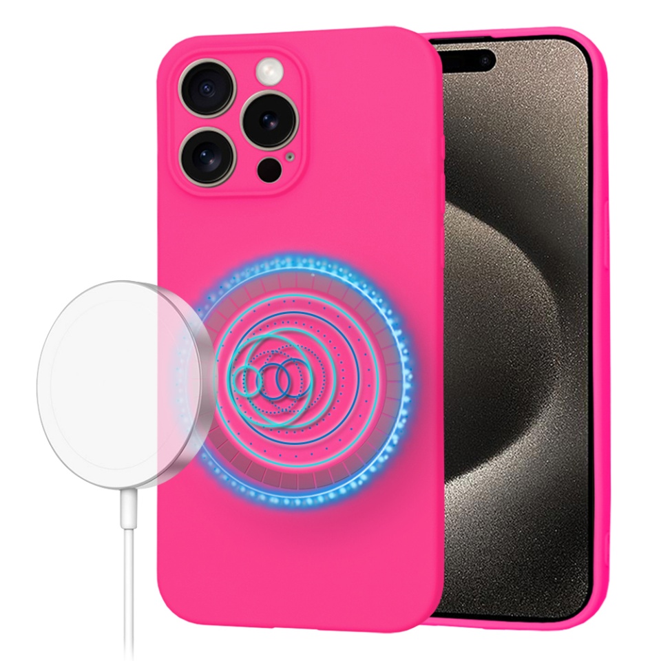 Husa pentru iPhone 15 Pro Max, SKYDDAR INNOVATION, din Silicon Catifelat, SoftFlex Magsafe, Fucsia, set cu sticker